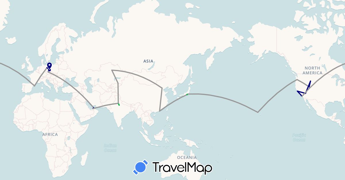 TravelMap itinerary: driving, bus, plane in United Arab Emirates, China, Czech Republic, Germany, Spain, India, Japan, Kazakhstan, Poland, United States (Asia, Europe, North America)